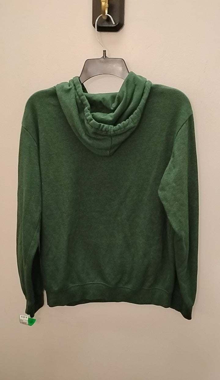 Back view of a green Size S Colosseum Men's Button Down hoodie hanging on a display.