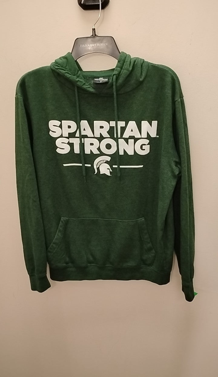 Green hooSize S Colosseum Men's Button Downdie with white 'SPARTAN STRONG' text and logo, displayed on a hanger.